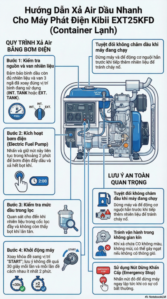 HƯỚNG DẪN “XẢ AIR” DẦU TRONG 5 PHÚT - MẸO NHỎ HỮU ÍCH TRÊN ĐƯỜNG CÙNG MÁY PHÁT ĐIỆN CONTAINER LẠNH Kibii EXT25KFD 1 HƯỚNG DẪN “XẢ AIR” DẦU Kibii EXT25KFD TRONG 5 PHÚT