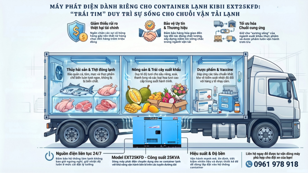 Máy phát điện container Kibii EXT25KFD giúp duy trì dòng điện liên tục cho container lạnh 